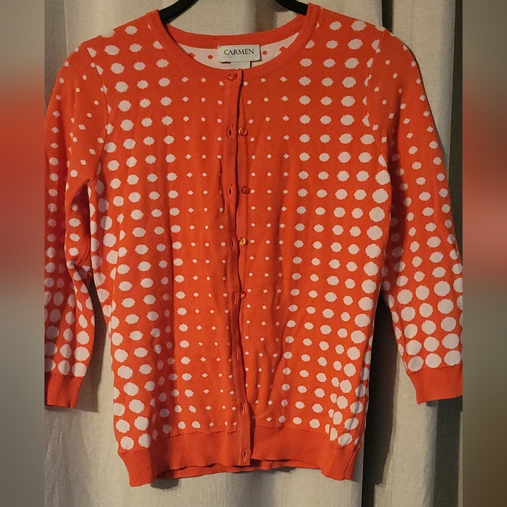 Carmen Marc Valvo Orange and White Polka Dot Cardigan Like New
